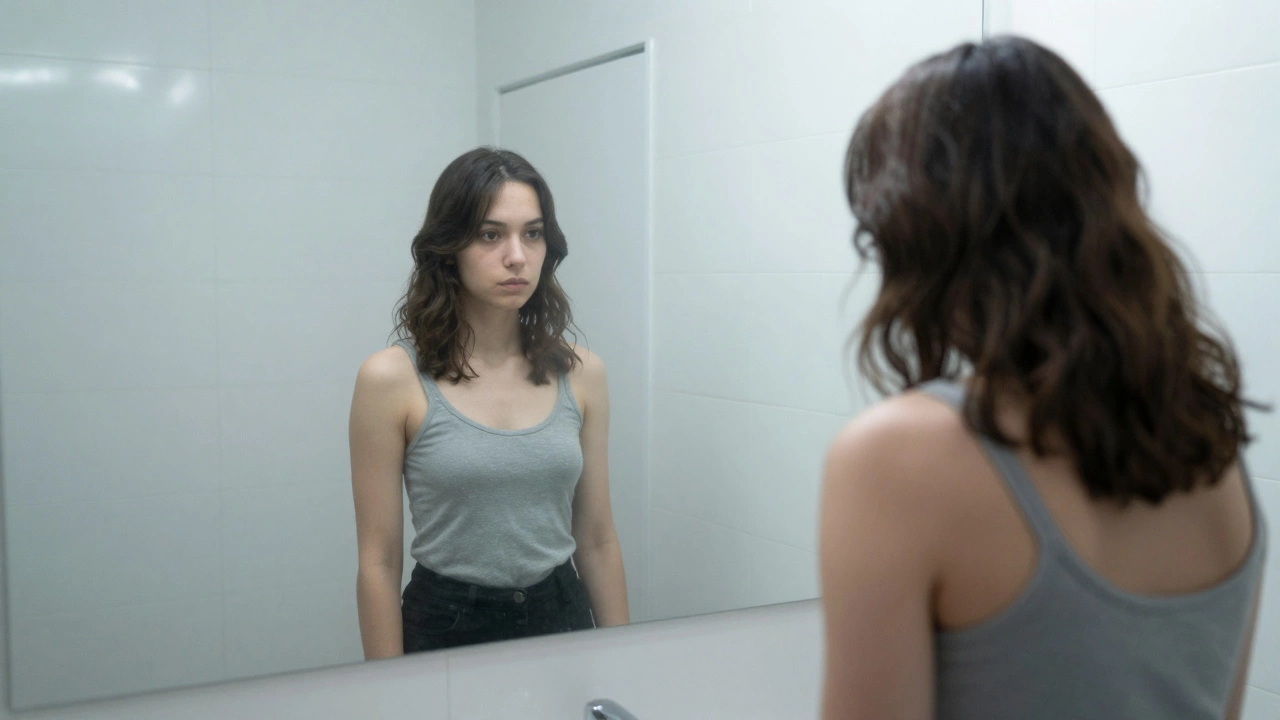 Отражение человека в зеркале постепенно исчезает, символизируя потерю себя.