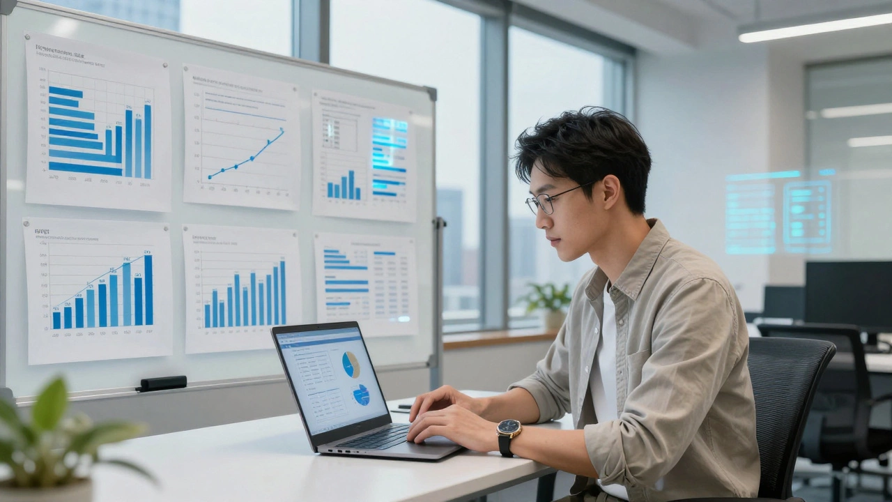 Психолог анализирует данные о вовлеченности сотрудников в офисе IT-компании с графиками на досках.