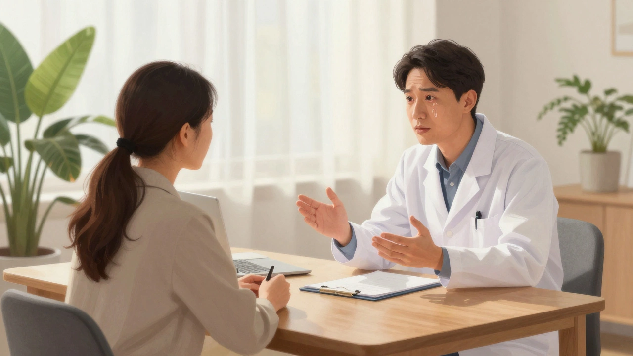 Психолог и клиент сидят напротив друг друга, в момент глубокого понимания и тихой эмоциональной разрядки.