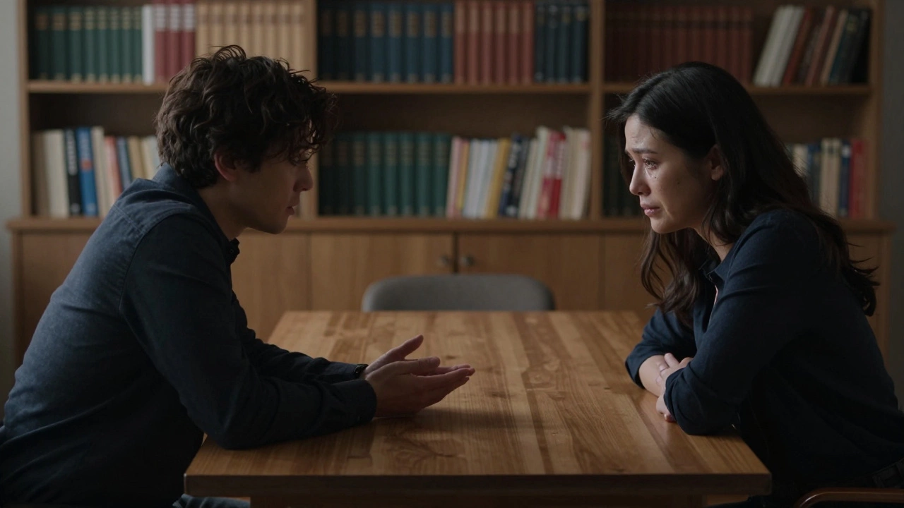 Психолог и клиент сидят напротив друг друга в спокойной обстановке, момент глубокой эмоциональной развязки.