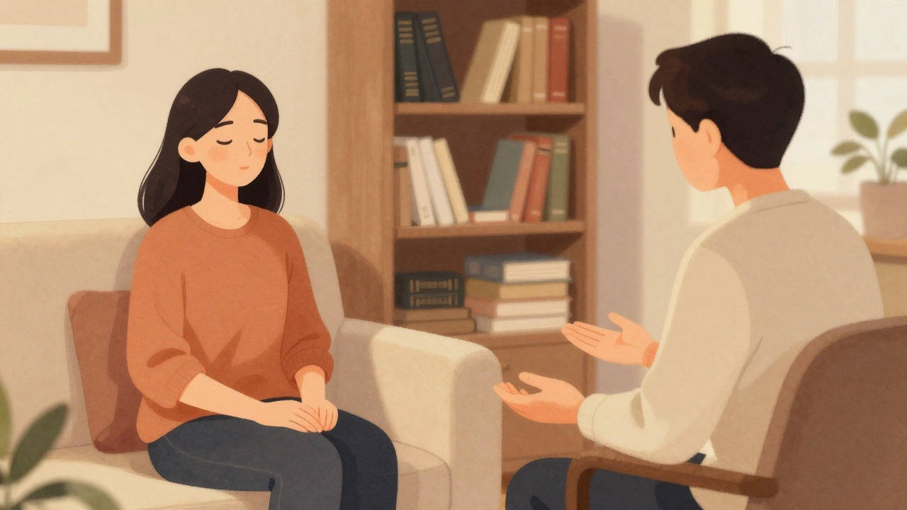 Психолог и клиент в тихой комнате, теплое освещение, атмосфера доверия и спокойствия.