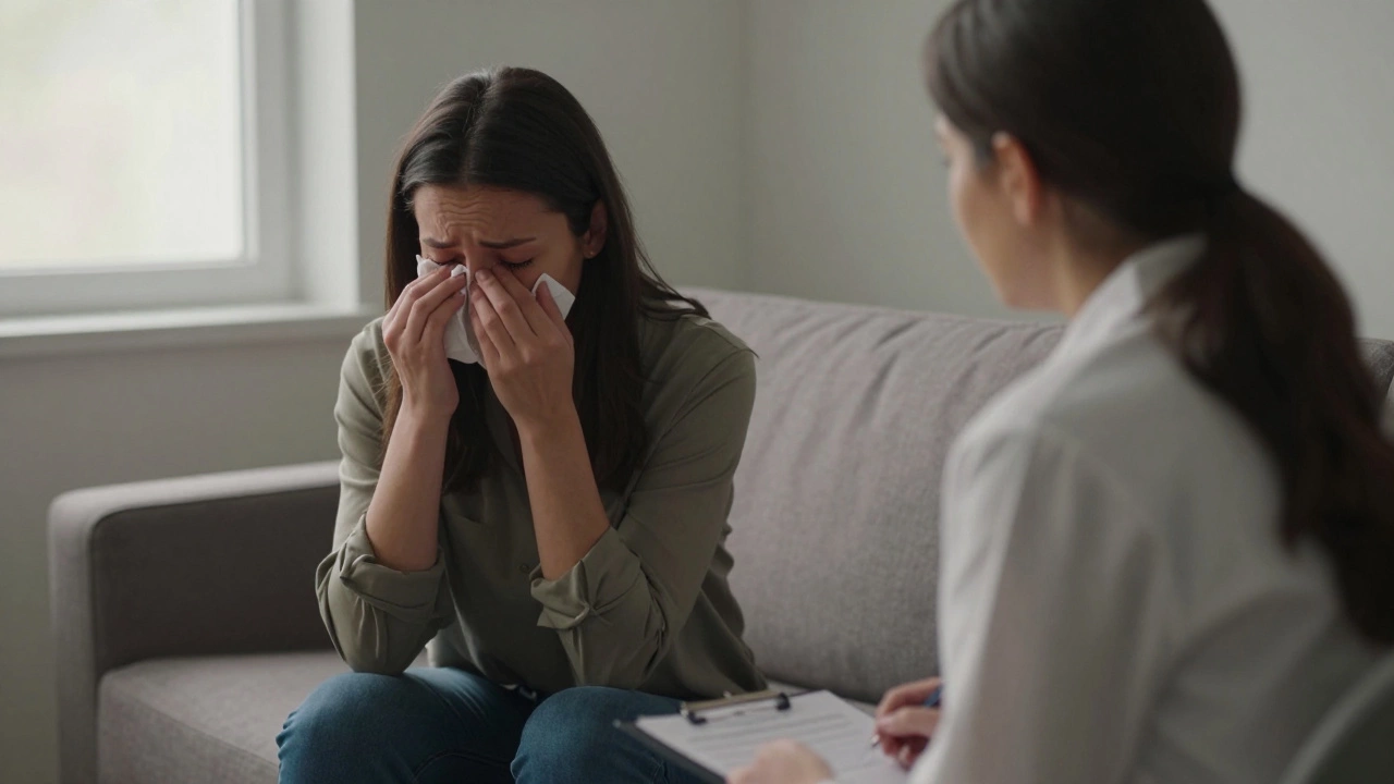 Психотерапевт и клиент в спокойной обстановке, момент эмоциональной разрядки.