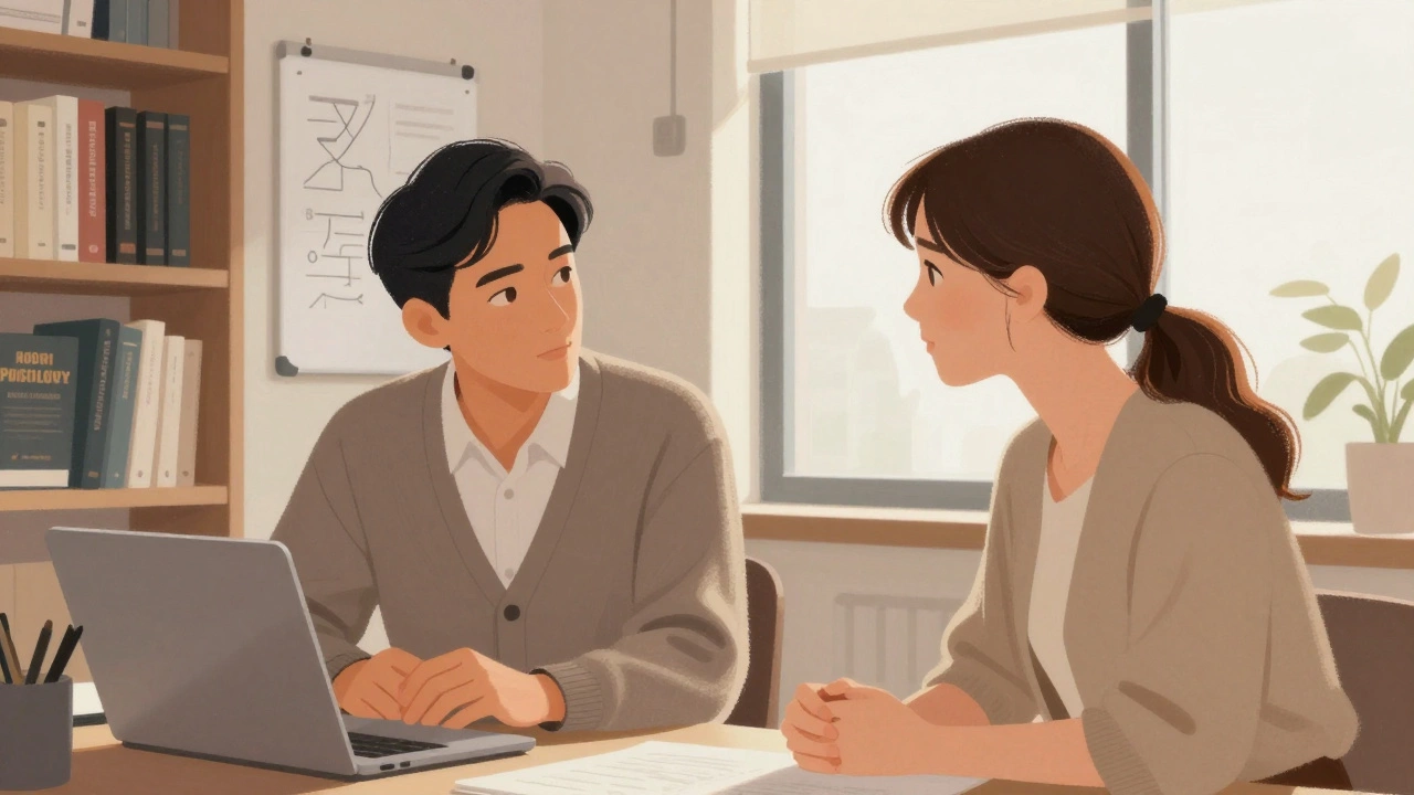 Психотерапевт и клиент ведут тихий разговор в уютном кабинете с книгами и диаграммами.