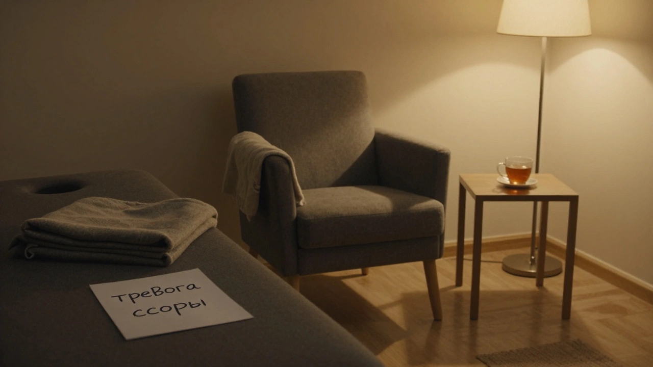 Пустой кабинет психолога с чашкой чая и запиской с ключевыми словами, вечерний свет.