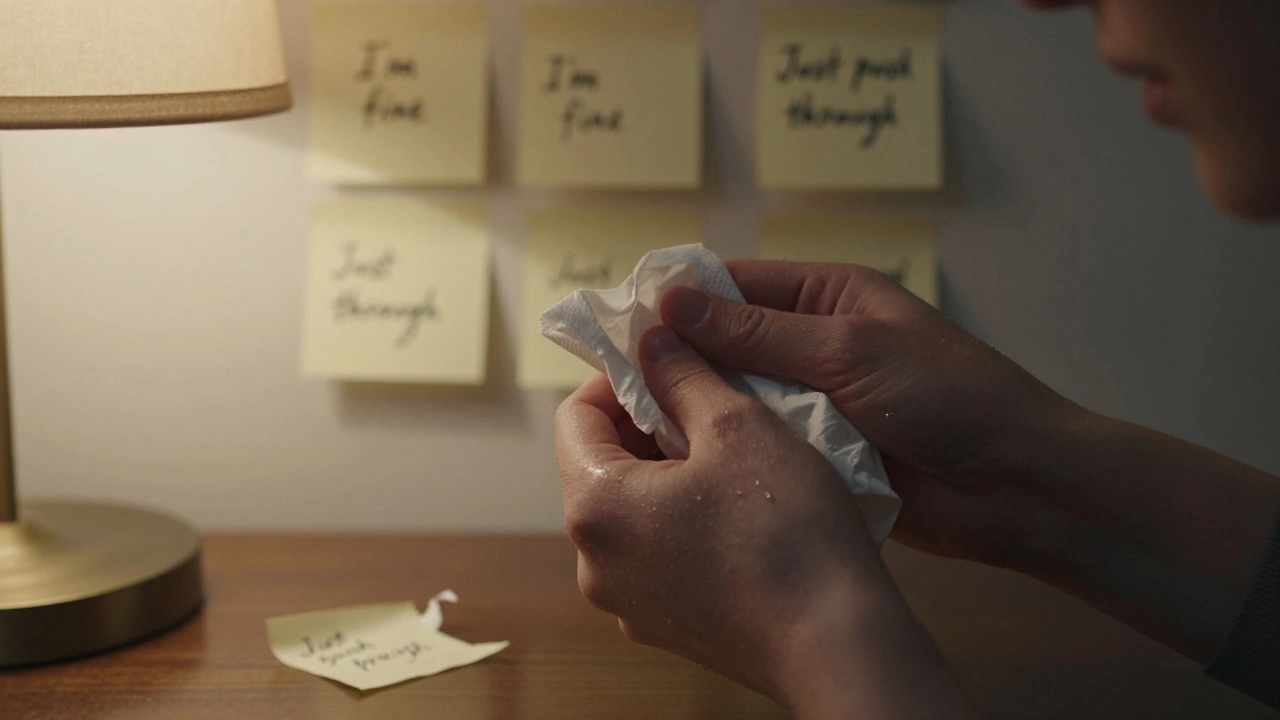 Руки с смятой салфеткой, слезы на щеках, на стене — заметки с фразами 'Всё нормально'.