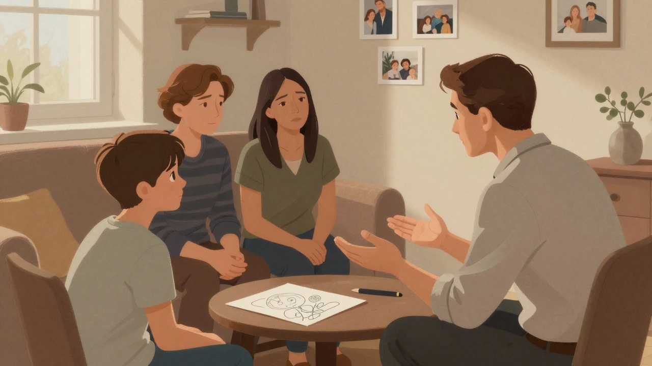 Семейная сессия с психологом в гостиной: мать, отец и подросток в кругу.