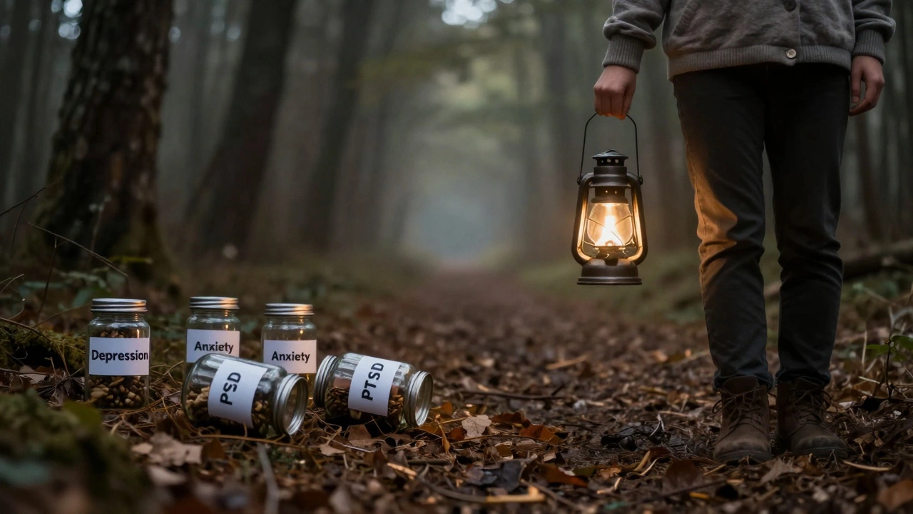 Слабый свет фонарика в темном лесу, а вокруг разбросаны ярлыки с диагнозами.