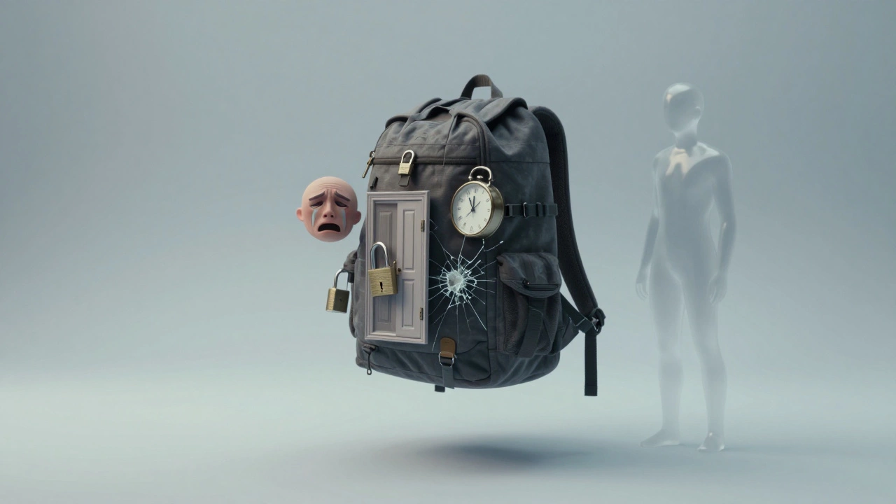 Тяжелый рюкзак с эмоциями внутри парит в воздухе, рядом — спокойная фигура, не вмешивающаяся.