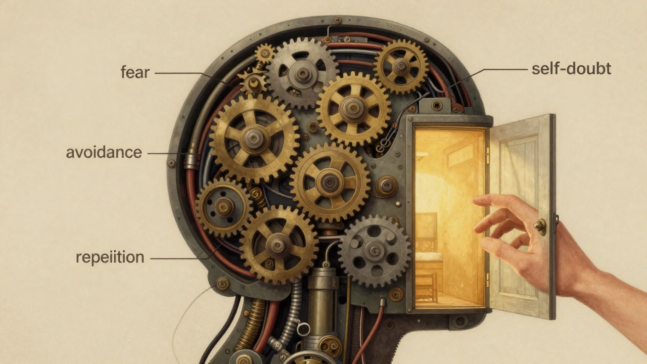 Абстрактная схема человеческого разума как машины с механизмами страхов и избегания, освещённая золотым светом.
