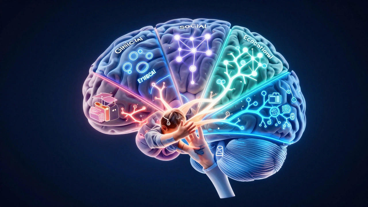 Человеческий мозг, разделённый на шесть цветных секций, каждая — отдельное направление психологии.