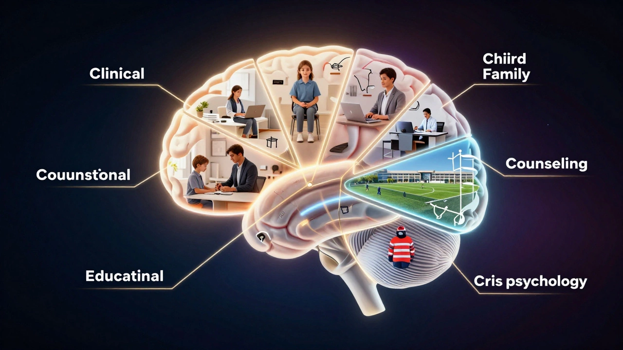 Человеческий мозг с восемью светящимися направлениями психологии.