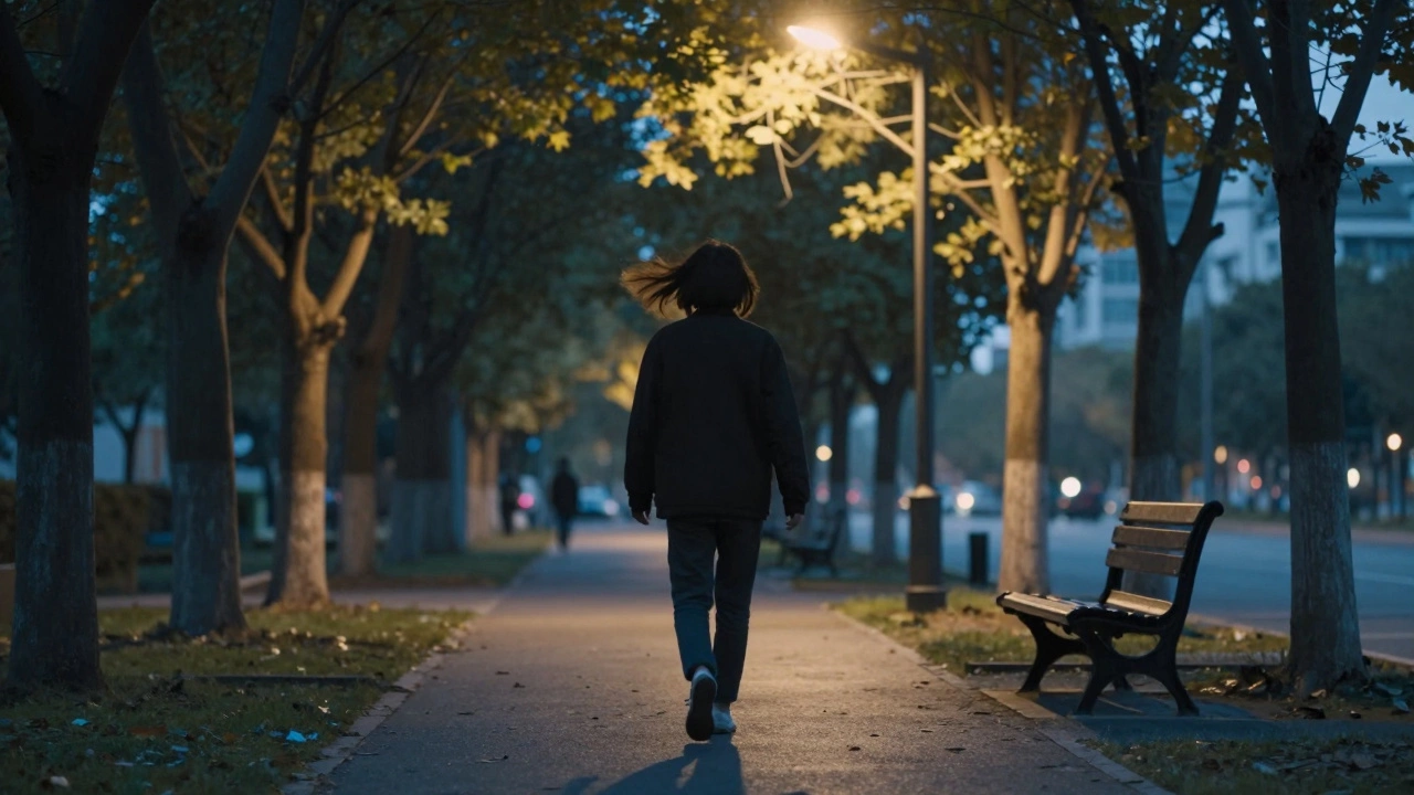 Человек идет по вечерней аллее, размышляя перед сеансом.