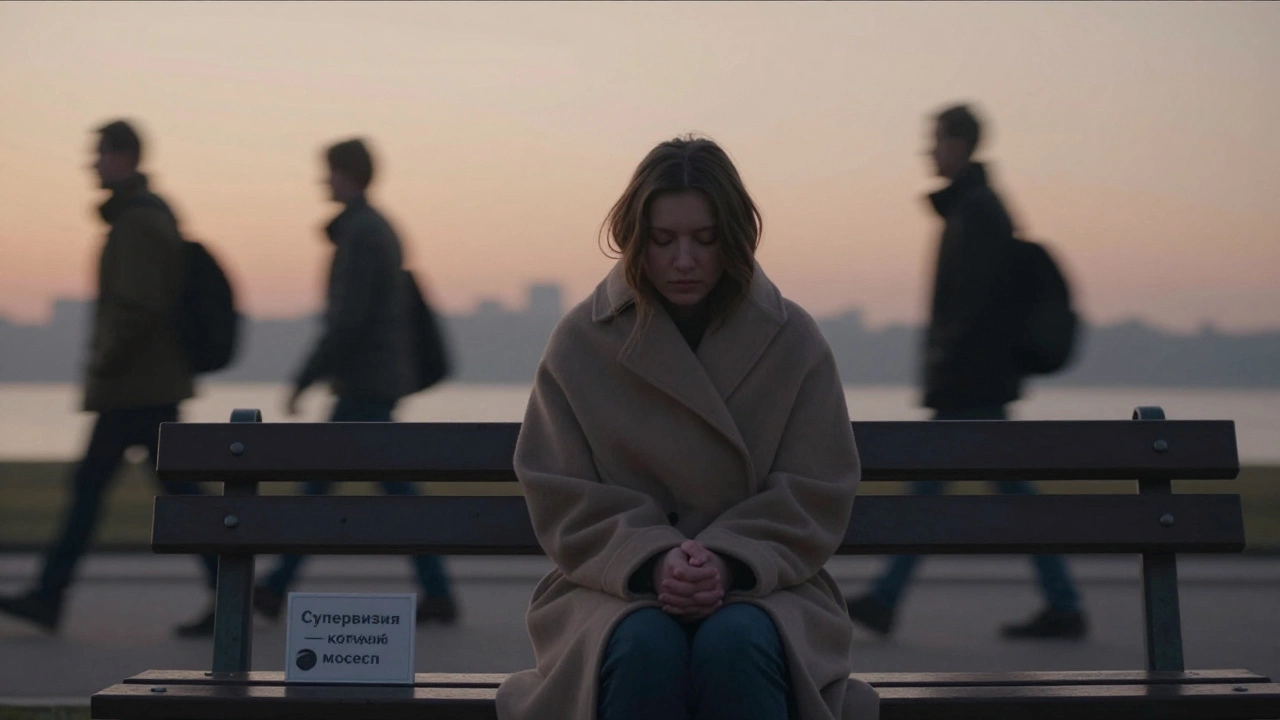 Человек на скамейке на рассвете, один, с признаками усталости, вокруг — неразличимые прохожие