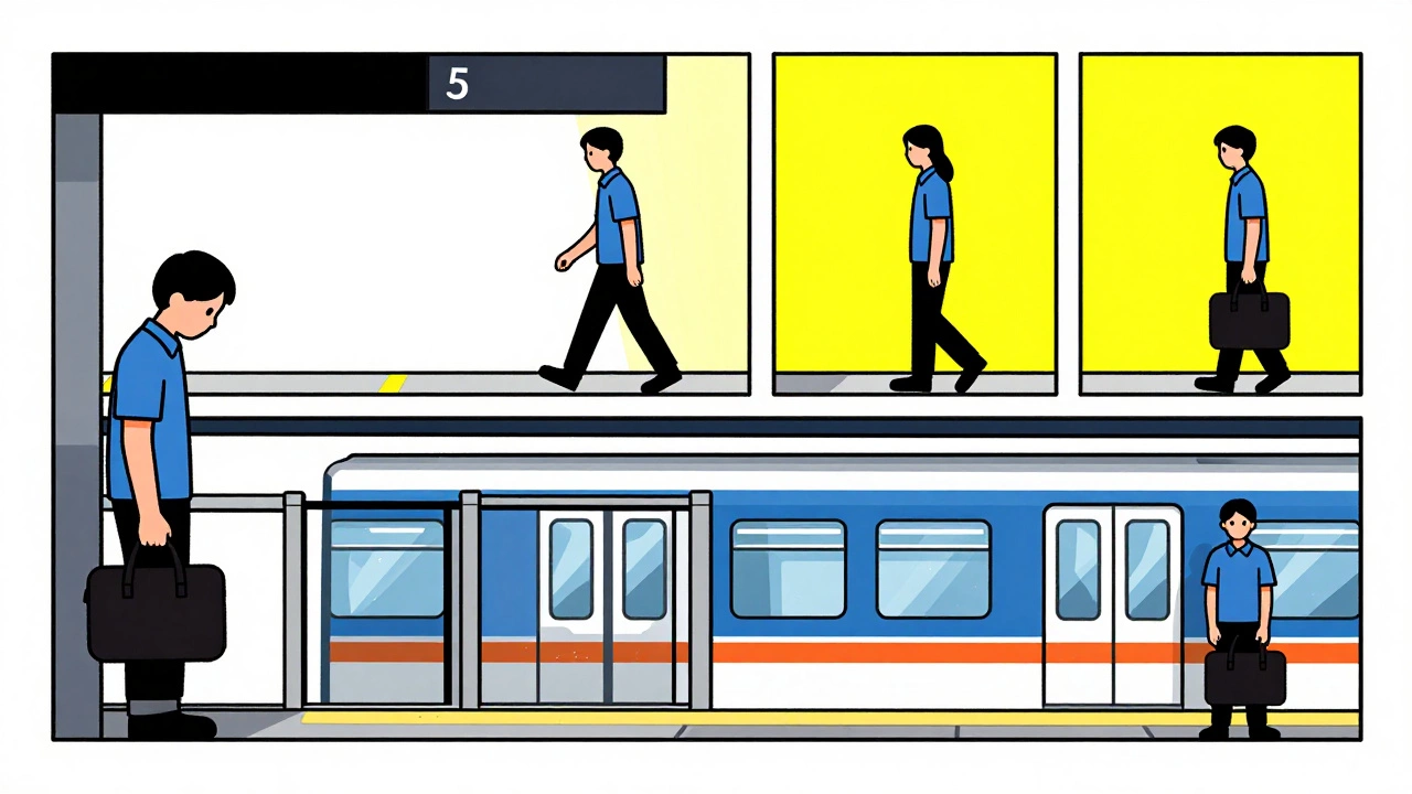 Человек постепенно преодолевает страх метро: от подхода к станции до поездки на поезде, визуализируя экспозиционную терапию.