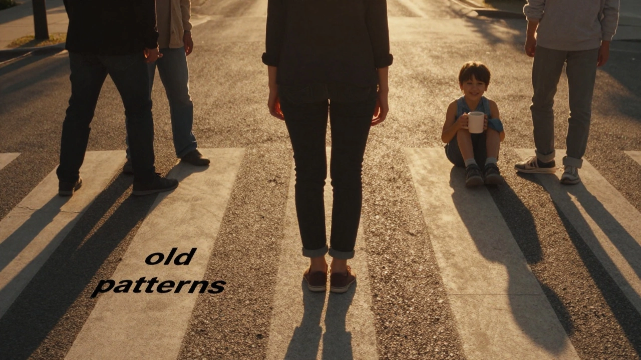 Человек стоит на перекрёстке: одна дорога — прошлое, другая — светлые маленькие радости.