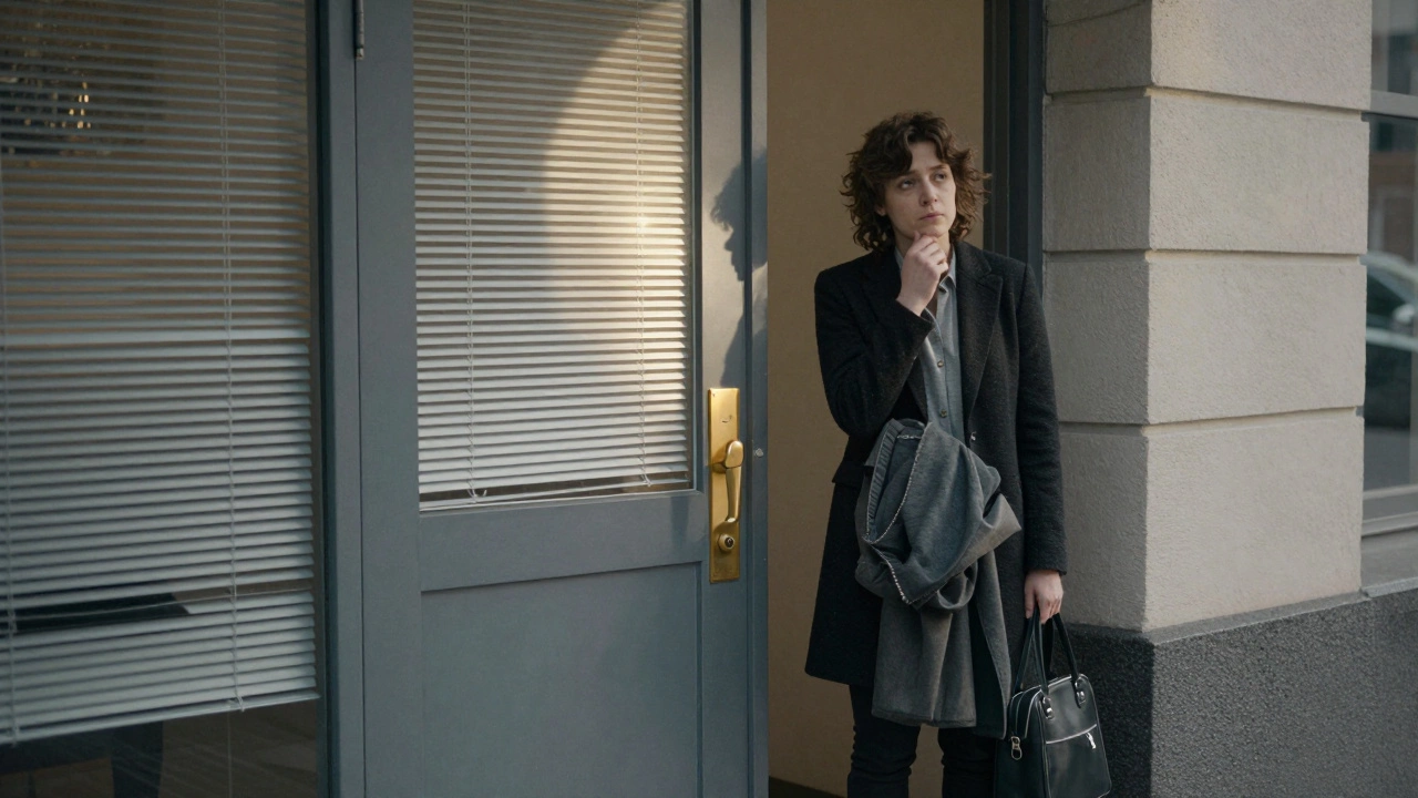 Человек стоит у двери кабинета психолога, готовясь войти.