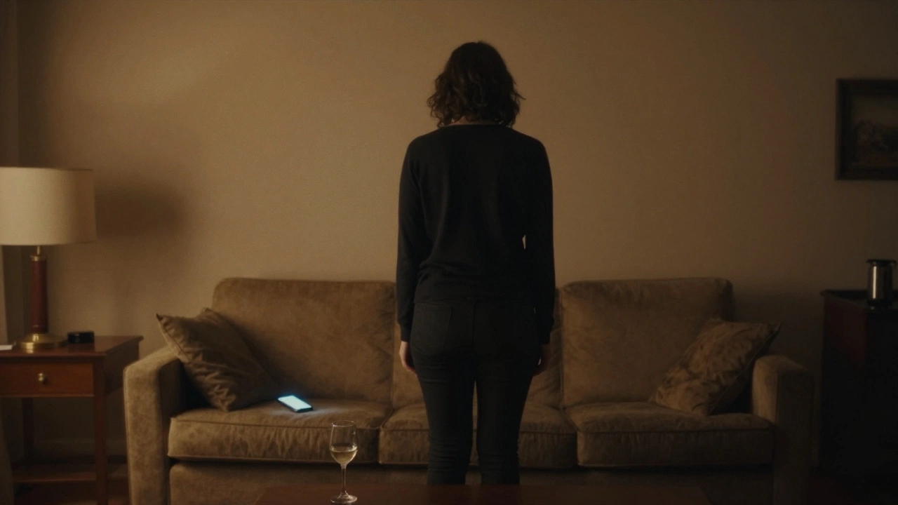 Человек стоит в пустой комнате, телефон и бокал вина рядом, стены размыты, свет тёплый, тени холодные.