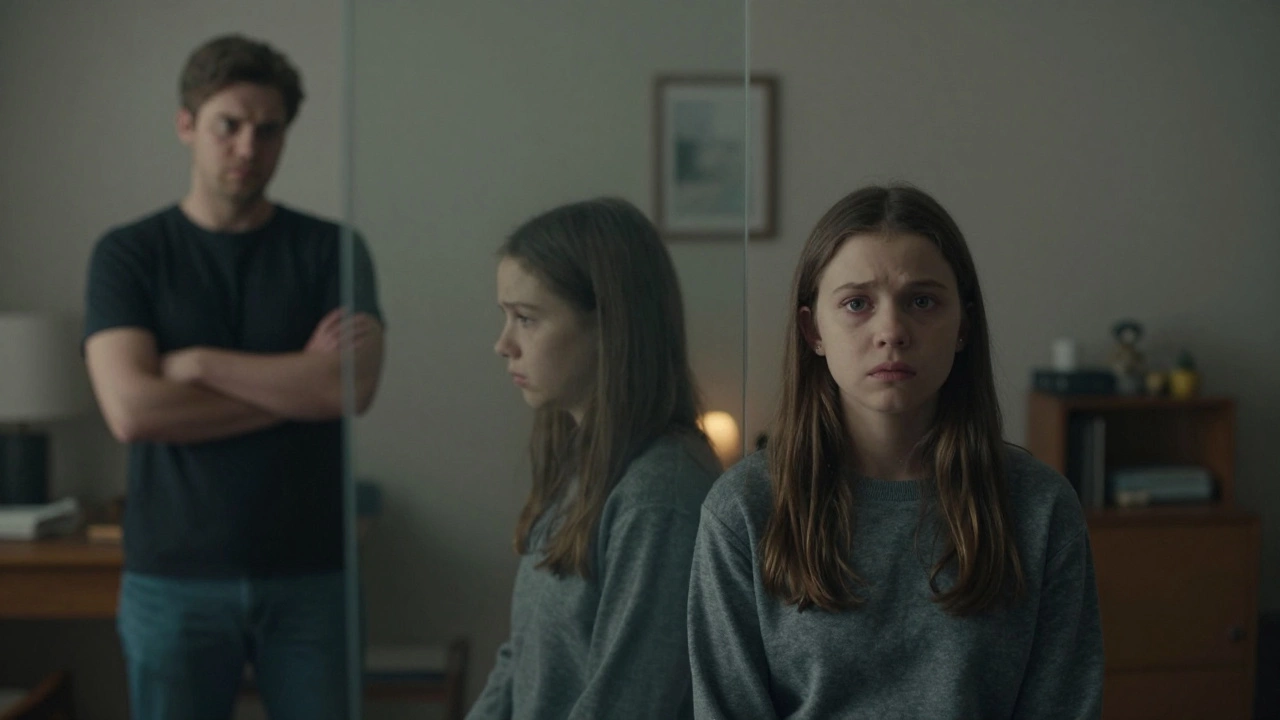 Двое людей в тишине, между ними прозрачное отражение их детских selves — без слов, только эмоции.