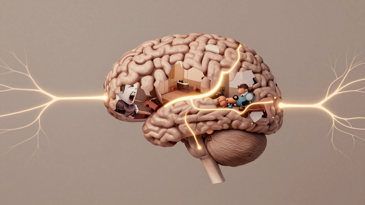 Головной мозг с активной префронтальной корой, где детские воспоминания растворяются в спокойных нейронных связях.