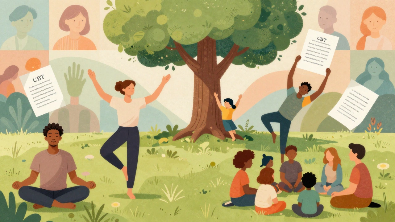 Группа людей, представляющих пять подходов психотерапии, в гармоничной сцене самопознания.