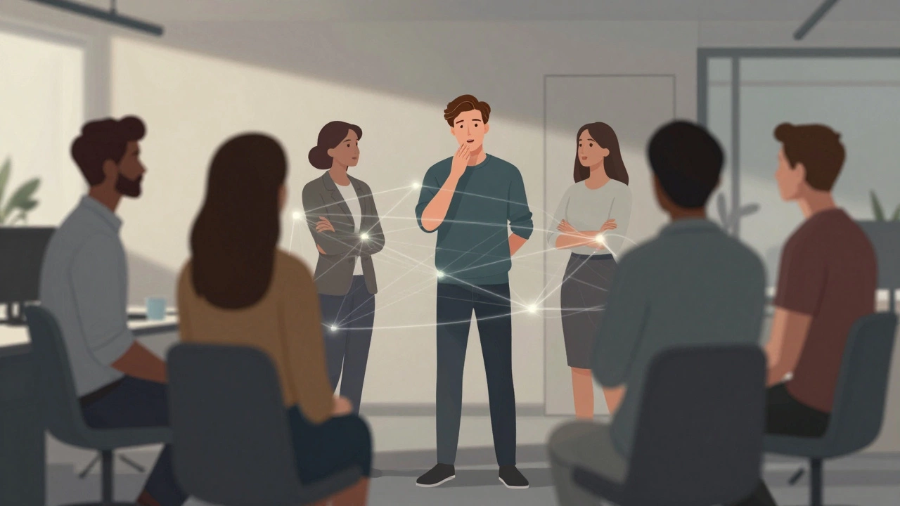 Группа людей в офисе, где видно влияние давления со стороны окружающих.