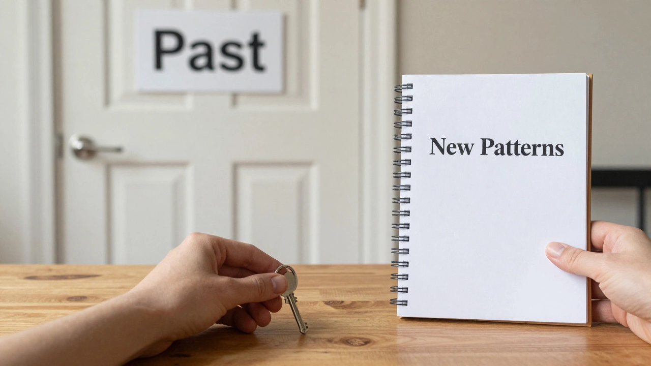 Ключ на столе у закрытой двери, рядом — тетрадь с новыми паттернами, символ перехода к свободе.