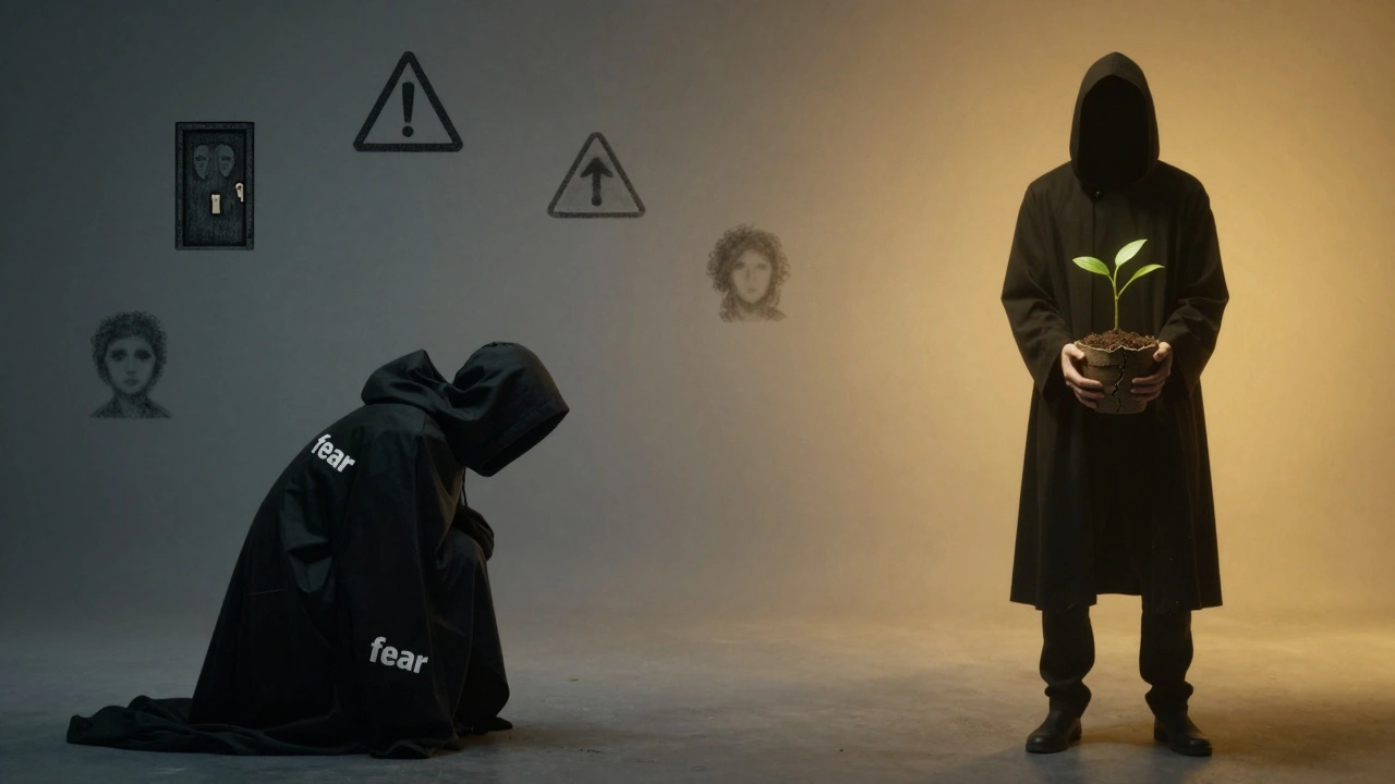 Контраст между тяжелым страхом и светлым процессом исцеления, символизированный переходом от тени к свету.