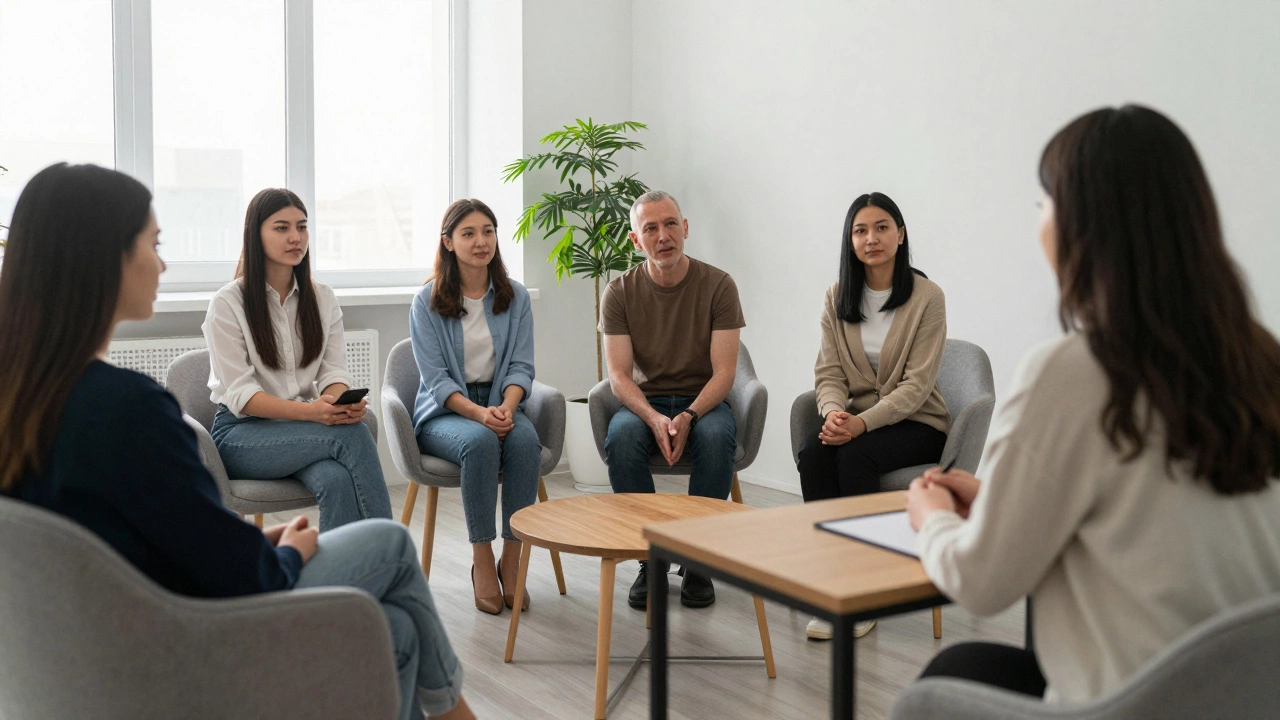 Люди и психолог в спокойной комнате центра психического здоровья в Казани.