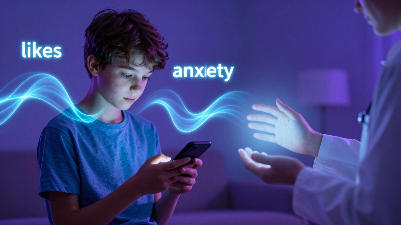 Подросток в цифровом мире, окруженный эмоциональными волнами, с психологом, который предлагает поддержку.
