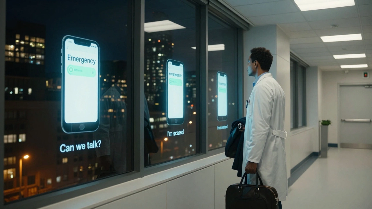 Психолог в коридоре клиники, смотрит в окно, на телефонах — непрочитанные сообщения