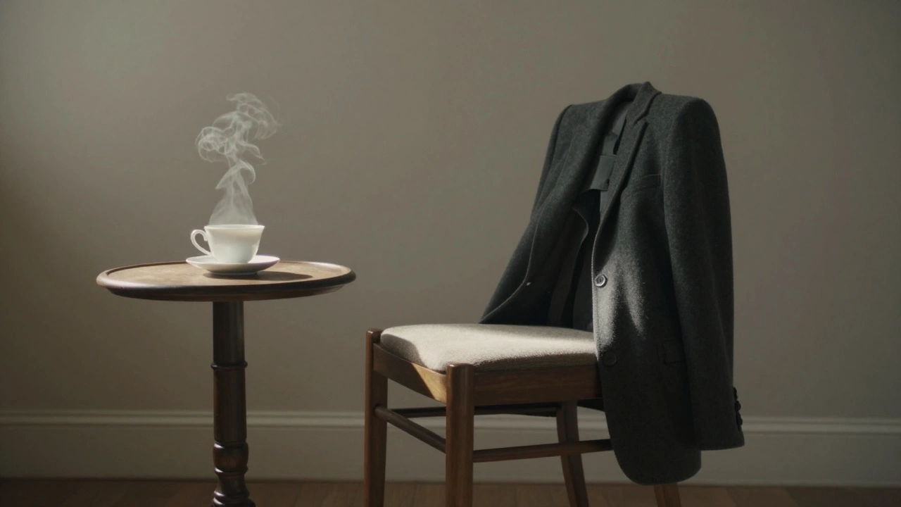 Пустое кресло с плащом и чашкой с паром — место, где кто-то только что был услышан.