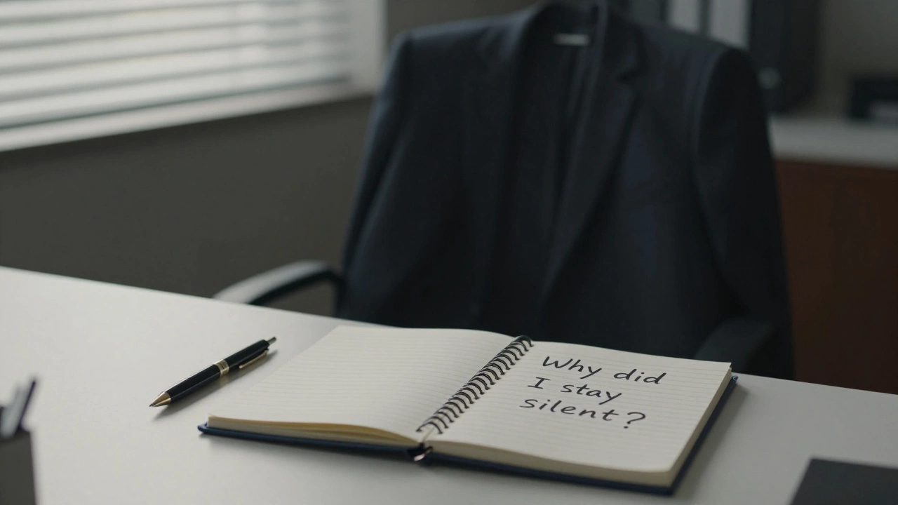 Пустой стул и открытая тетрадь с заметками о внутреннем конфликте.