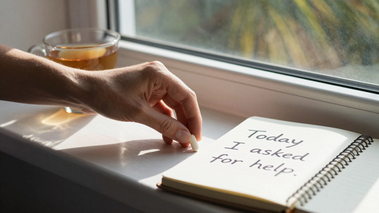 Рука кладет таблетку рядом с чашкой чая у окна — тихий момент заботы о себе.