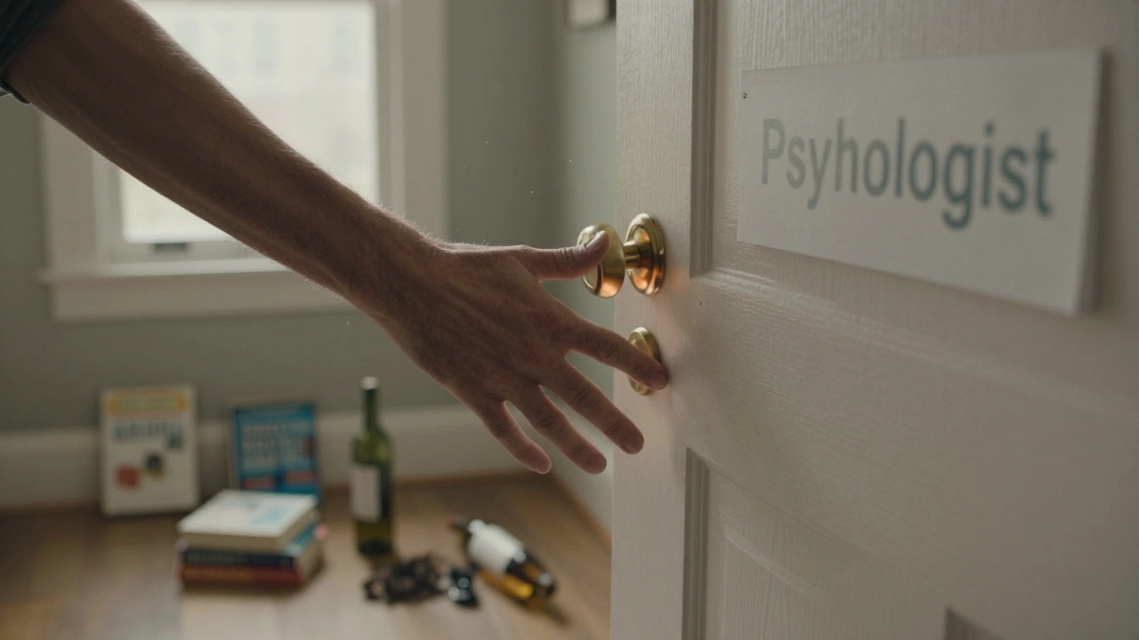 Рука тянется к двери с надписью 'Психолог', вокруг — разбросанные книги и бутылки, утром свет падает на ручку.