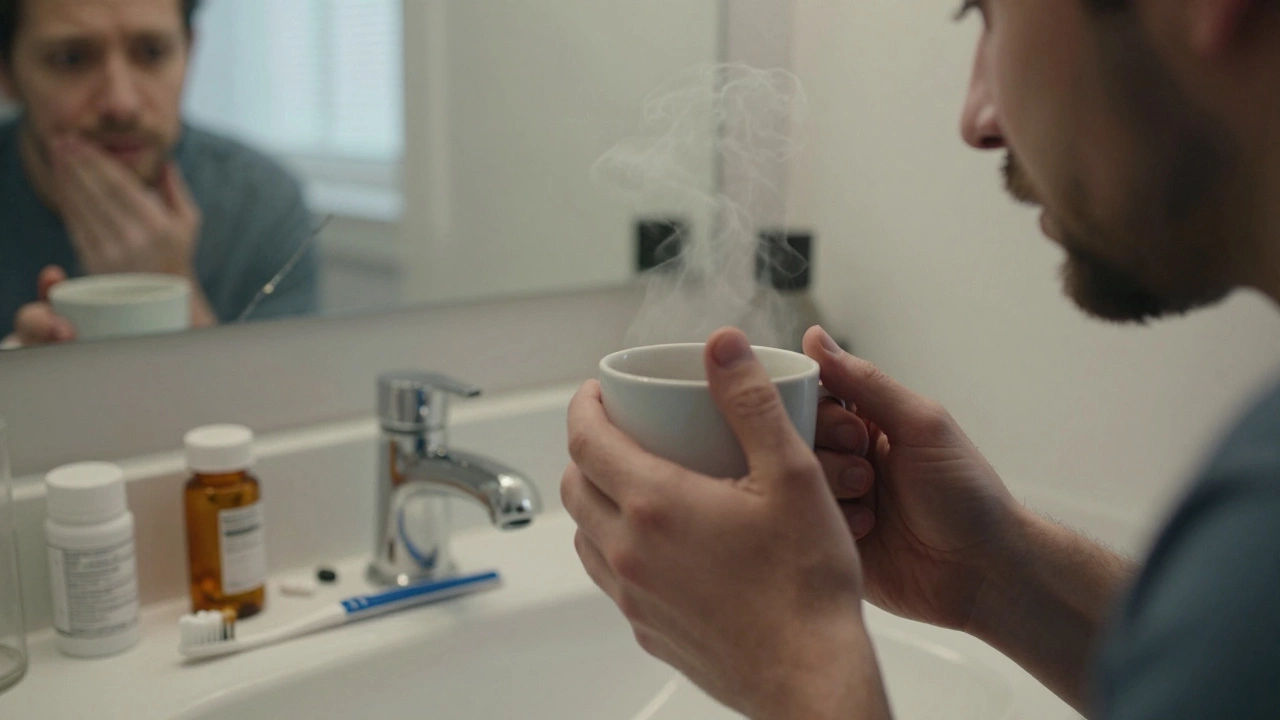 Руки держат чашку, в зеркале отражается лицо с опустошенным выражением.