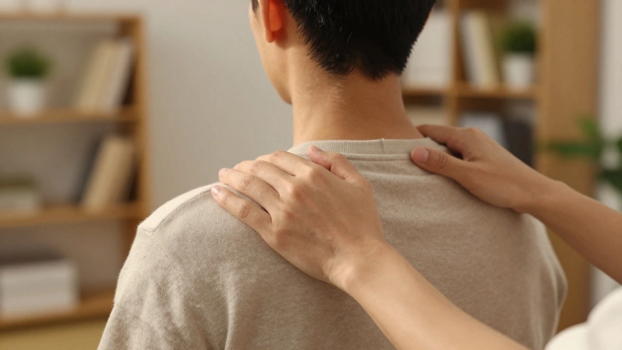 Руки мягко лежат на плечах в тихой комнате, золотистый свет окутывает их, создавая ощущение безопасности.