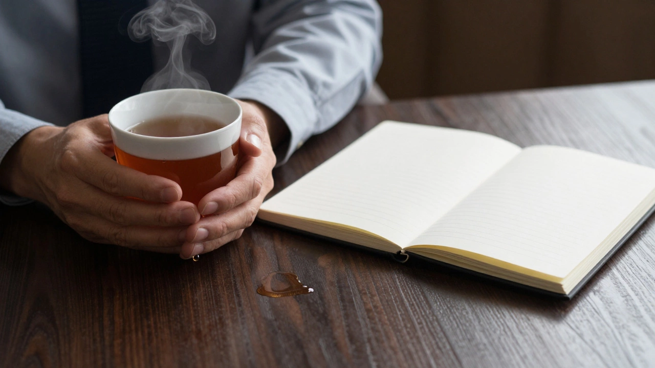 Руки психолога рядом с пустой тетрадью и чашкой чая — молчание как пространство для исцеления.