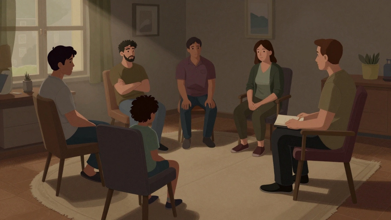 Семья сидит в кругу, напряжение в языке тела, семейный психолог наблюдает.