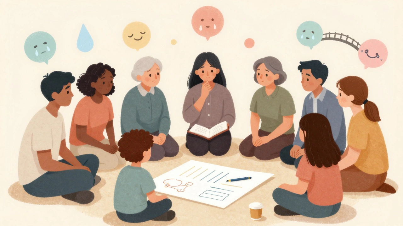 Семья вместе с психологом обсуждает эмоции через рисунок и диалог.