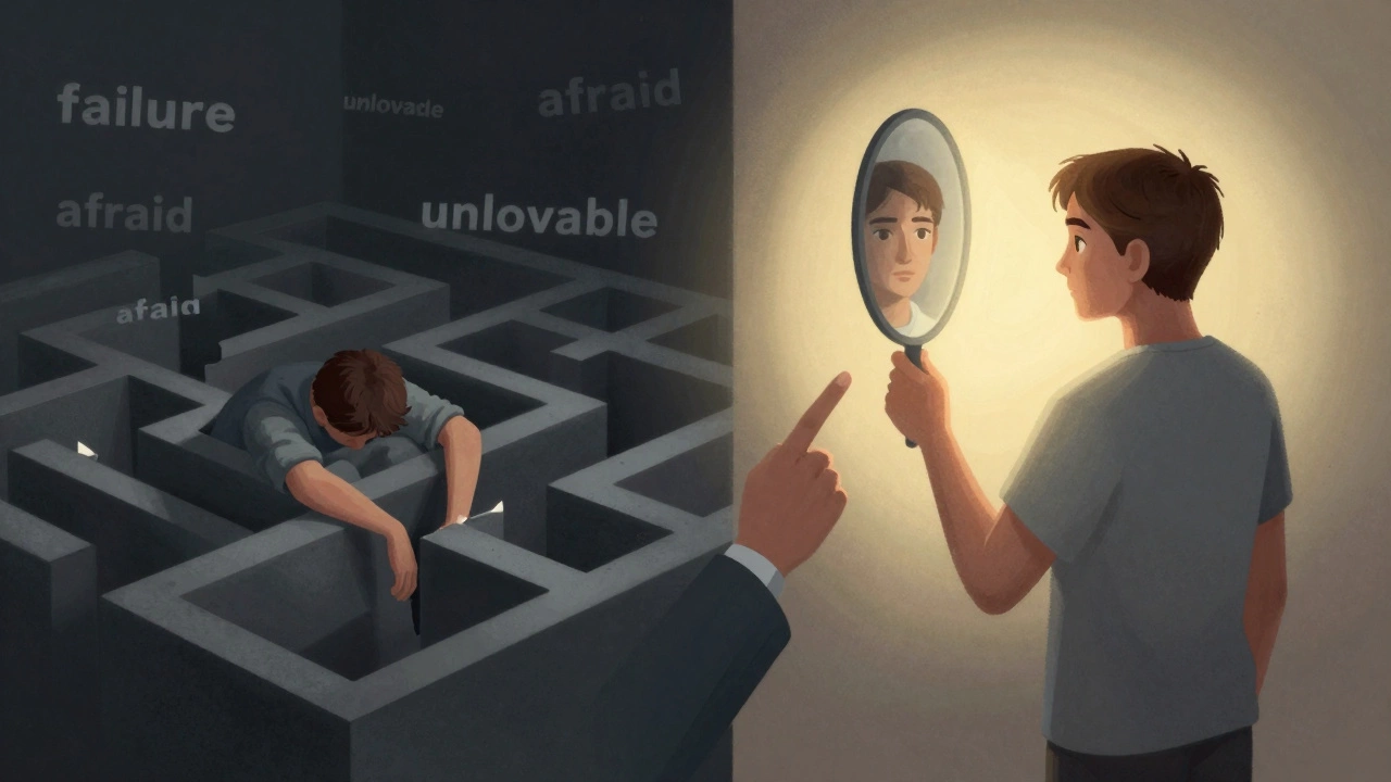 Символическое изображение человека, выходящего из лабиринта негативных мыслей к свету и самопринятию.