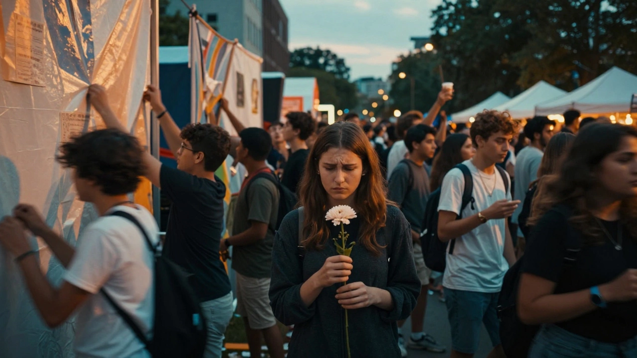 Толпа на фестивале разрушает сцену, один человек стоит в стороне, держа цветы.