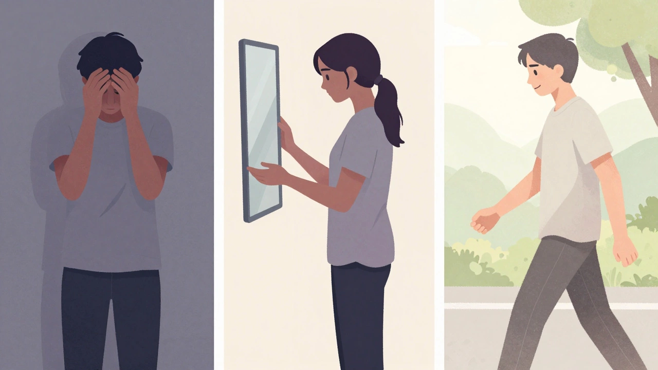 Три стадии эмоционального роста: от подавленности через осознание к спокойной уверенности.