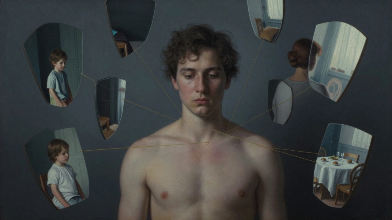 Взрослый человек окружён отражениями детских травм, связанных золотыми нитями, символизируя влияние прошлого на настоящее.