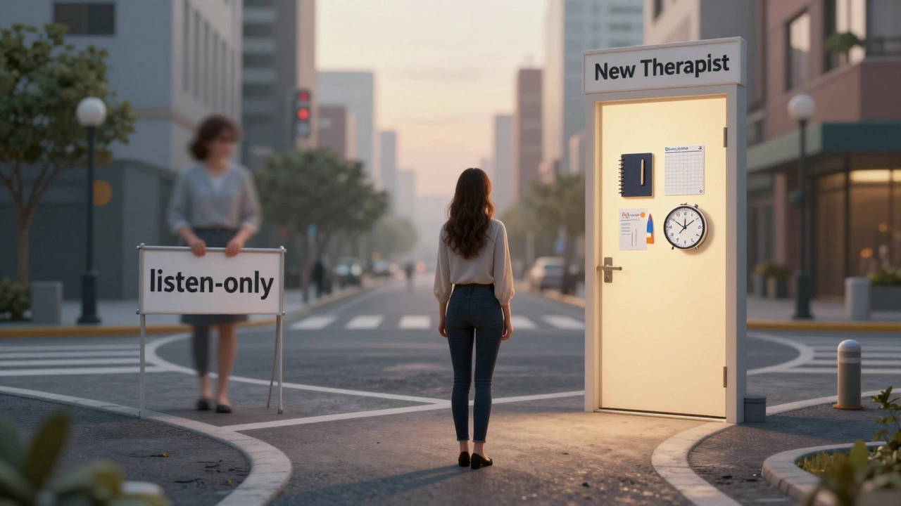 Женщина стоит на перекрёстке: один путь ведёт к неэффективному терапевту, другой — к новому, с практическими инструментами.