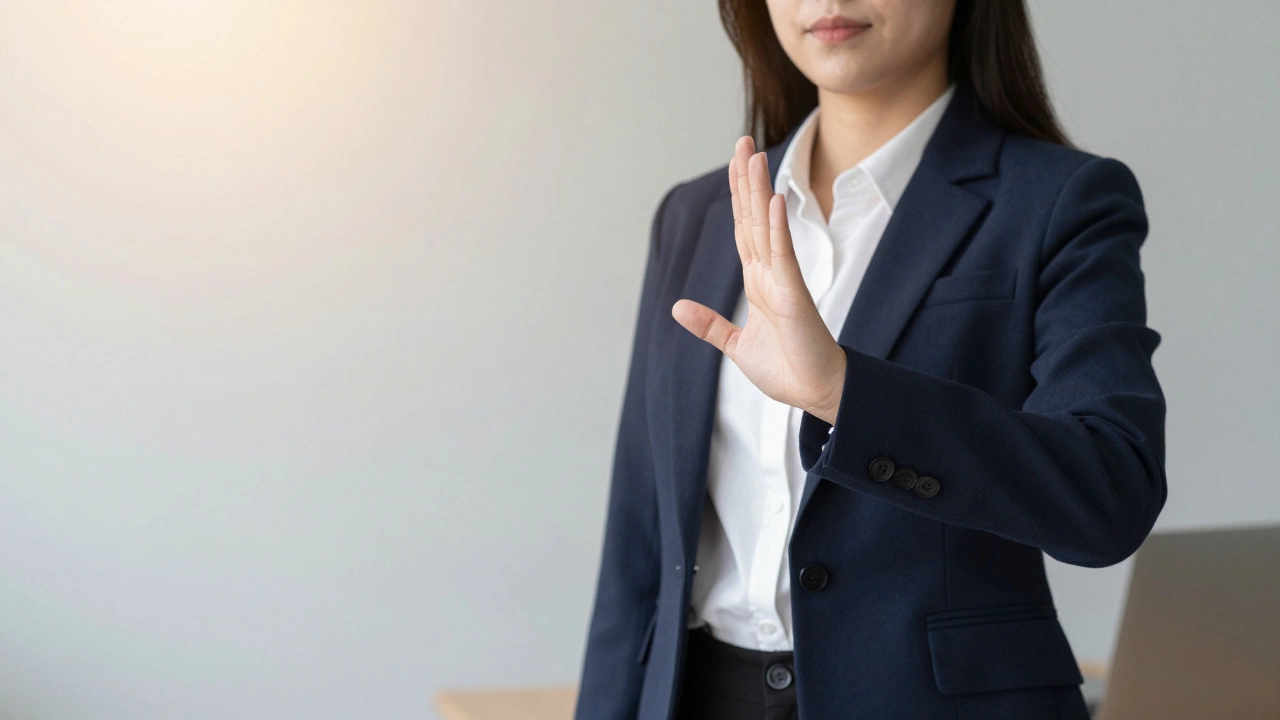 Женщина уверенно отклоняет задачу на работе, рост уверенности.