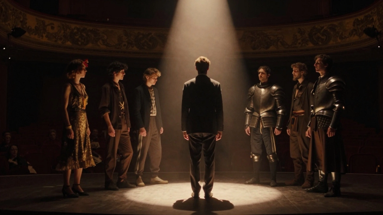 Актер на сцене, чья тень превращается в множество разных личностей одновременно.