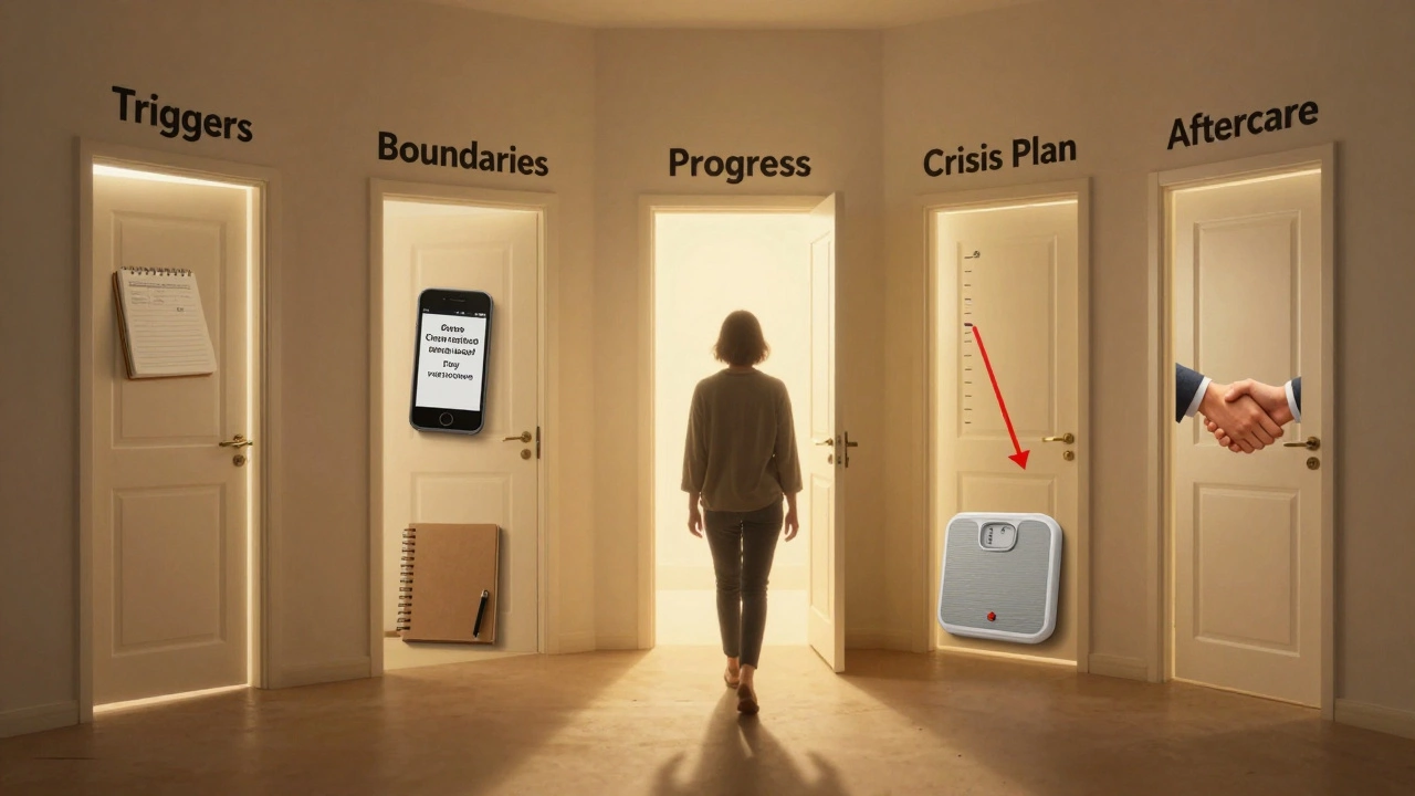 Человек идет по пути с дверями, обозначающими ключевые этапы психологической работы.