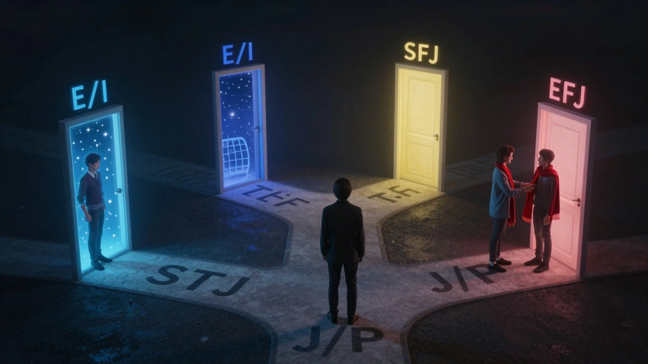 Человек перед перекрёстком с четырьмя путями, символизирующими размеры MBTI, каждый путь светится своим уникальным светом.