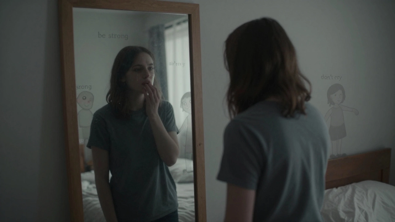 Человек смотрит в зеркало, а вокруг его отражения — едва видимые голоса детства.