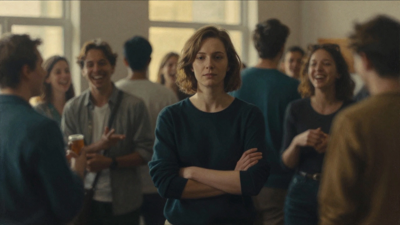 Человек стоит в толпе, но выглядит отстраненно, окруженный размытыми фигурами других людей.